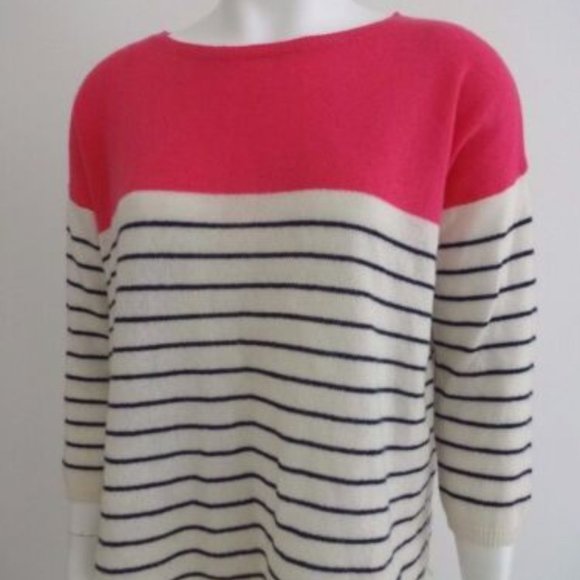 360 CASHMERE PINK WHITE STRIPE 3/4 SLEEVE BOAT NECK SWEATER L NWT - Picture 1 of 5